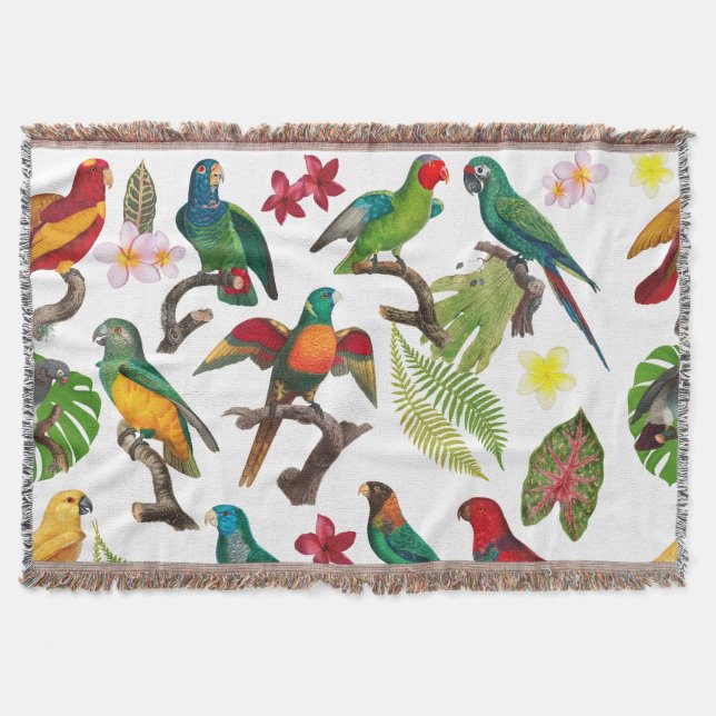 Colorful Tropical Parrots, Leaves & Flowers Throw Blanket (Front)