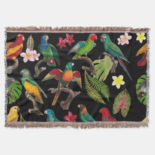 Colorful Tropical Parrots Leaves  Flowers Throw Blanket