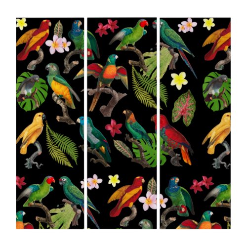 Colorful Tropical Parrots Leaves  Flowers Triptych