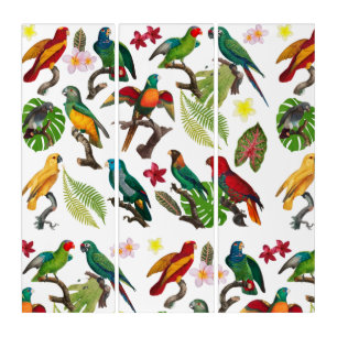 Colorful Tropical Parrots, Leaves & Flowers Triptych