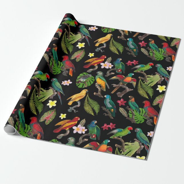 Colorful Tropical Parrots, Leaves & Flowers  Wrapping Paper (Unrolled)