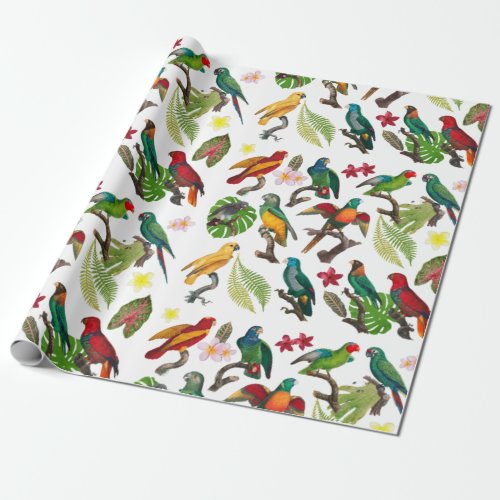 Colorful Tropical Parrots Leaves  Flowers Wrapping Paper