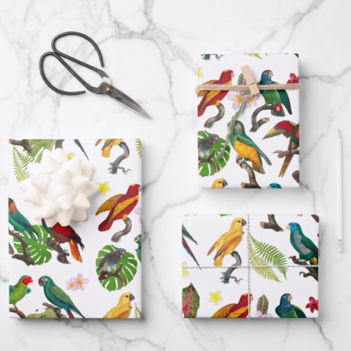 Colorful Tropical Parrots Leaves  Flowers  Wrapping Paper Sheets