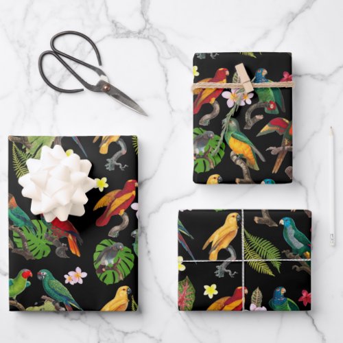 Colorful Tropical Parrots Leaves  Flowers Wrapping Paper Sheets