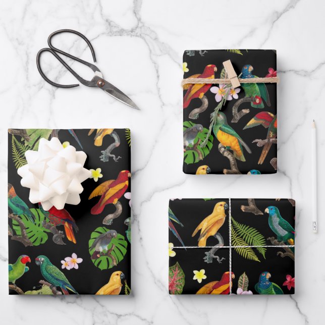 Colorful Tropical Parrots, Leaves & Flowers Wrapping Paper Sheets (Front)
