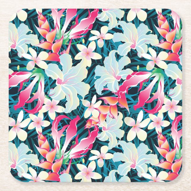Colorful Tropical Pattern Square Paper Coaster (Front)
