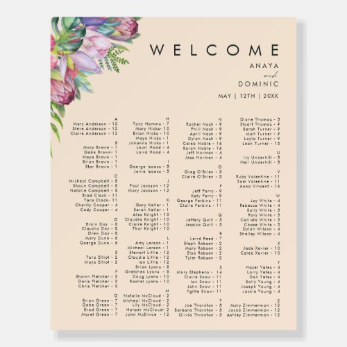 Colorful Tropical Peach Alphabetical Seating chart Foam Board