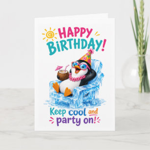 Colorful Tropical Penguin Birthday Celebration Card
