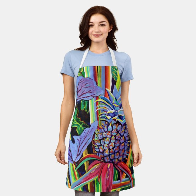 Colorful Tropical Pineapple and Taro Kitchen Apron (Worn)