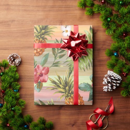 Colorful Tropical Pineapple Fruit Floral Pattern Wrapping Paper