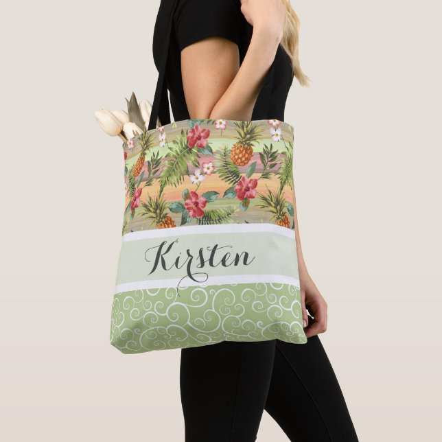 Colorful Tropical Pineapple Fruit Flower Pattern Tote Bag (Close Up)
