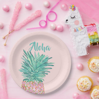 Colorful Tropical Pineapple Monogram Paper Plates
