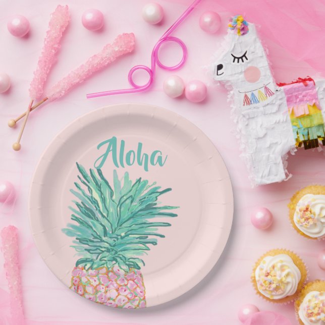 Colorful Tropical Pineapple Monogram Paper Plates (Party)