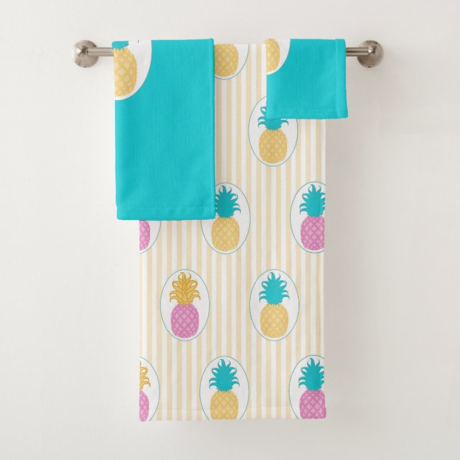 Colorful Tropical Pineapple Stripe Pattern Bath Towel Set (Insitu)