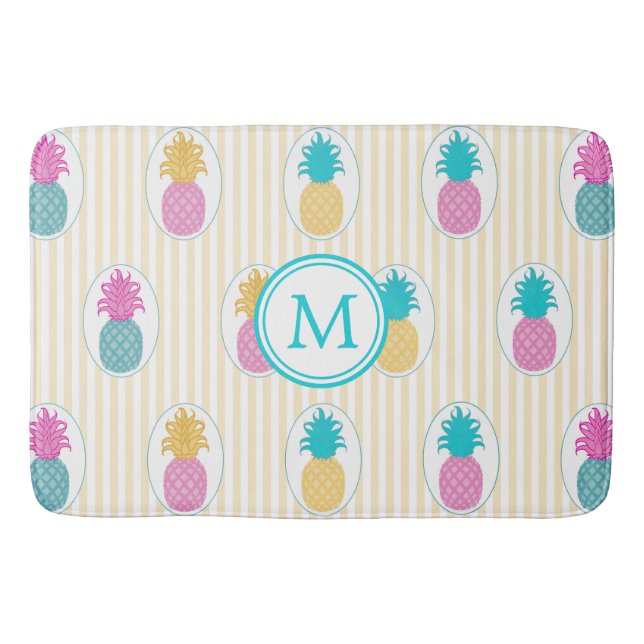 Colorful Tropical Pineapple Yellow Stripe Monogram Bath Mat (Front)