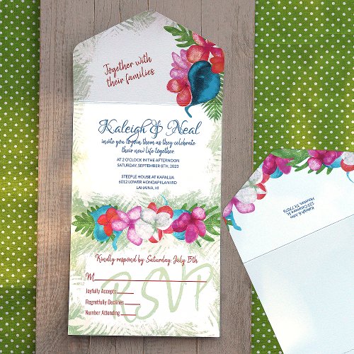 Colorful Tropical Pink Coral Plumerias Wedding All In One Invitation