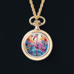 Colorful Tropical Pink Flamingo Elegant Womans Watch<br><div class="desc">Colorful Tropical Pink Flamingo Elegant Womans Watches features a colorful tropical paradise with a pink flamingo surrounded by tropical flowers. Created by Evco Studio www.zazzle.com/store/evcostudio</div>