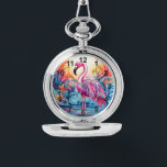 Colorful Tropical Pink Flamingo Elegant Womans Watch<br><div class="desc">Colorful Tropical Pink Flamingo Elegant Womans Watches features a colorful tropical paradise with a pink flamingo surrounded by tropical flowers. Created by Evco Studio www.zazzle.com/store/evcostudio</div>