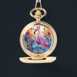 Colorful Tropical Pink Flamingo Elegant Womans Watch<br><div class="desc">Colorful Tropical Pink Flamingo Elegant Womans Watches features a colorful tropical paradise with a pink flamingo surrounded by tropical flowers. Created by Evco Studio www.zazzle.com/store/evcostudio</div>