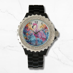 Colorful Tropical Pink Flamingo Elegant Womans Watch