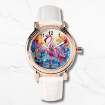 Colorful Tropical Pink Flamingo Elegant Womans Watch<br><div class="desc">Colorful Tropical Pink Flamingo Elegant Womans Watches features a colorful tropical paradise with a pink flamingo surrounded by tropical flowers. Created by Evco Studio www.zazzle.com/store/evcostudio</div>