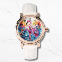 Colorful Tropical Pink Flamingo Elegant Womans Watch
