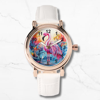 Colorful Tropical Pink Flamingo Elegant Womans Watch by EvcoStudio at Zazzle