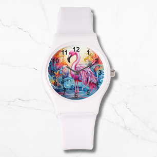 Colorful Tropical Pink Flamingo Elegant Womans Watch