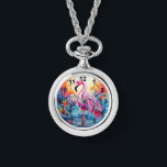 Colorful Tropical Pink Flamingo Elegant Womans Watch<br><div class="desc">Colorful Tropical Pink Flamingo Elegant Womans Watches features a colorful tropical paradise with a pink flamingo surrounded by tropical flowers. Created by Evco Studio www.zazzle.com/store/evcostudio</div>