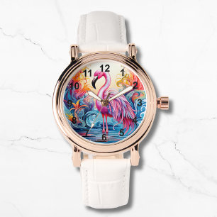 Colorful Tropical Pink Flamingo Floral Paradise Watch