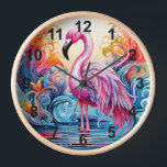 Colorful Tropical Pink Flamingo Modern Clock<br><div class="desc">Colorful Tropical Pink Flamingo Modern Watches features a colorful tropical paradise with a pink flamingo surrounded by tropical flowers. Created by Evco Studio www.zazzle.com/store/evcostudio</div>