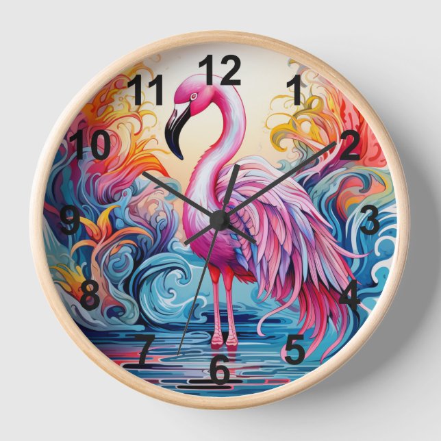 Colorful Tropical Pink Flamingo Modern Clock (Front)