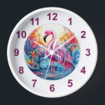Colorful Tropical Pink Flamingo Modern Clock<br><div class="desc">Colorful Tropical Pink Flamingo Modern Watches features a colorful tropical paradise with a pink flamingo surrounded by tropical flowers. Created by Evco Studio www.zazzle.com/store/evcostudio</div>