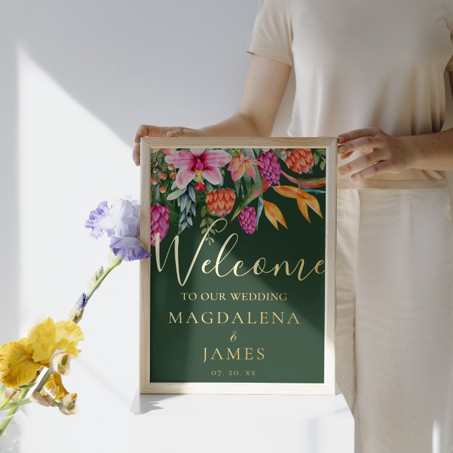 Colorful Tropical Pink Orange Flowers Welcome Foil Prints (Creator Uploaded)