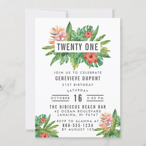 Colorful Tropical Plants Twenty One Birthday Party Invitation