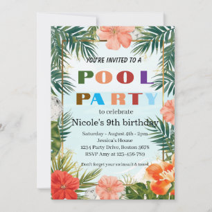 Colorful Tropical Pool Party 9th Birthday Invitation