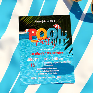 Colorful Tropical Pool Party Kids Summer Birthday Invitation