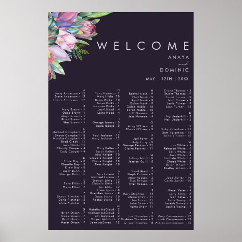 Colorful Tropical Purple Alphabetical Seating Poster