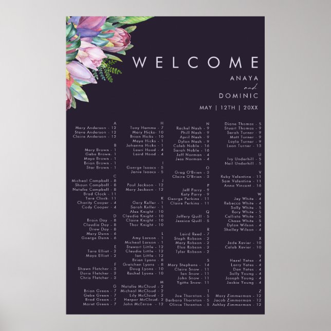 Colorful Tropical Purple Alphabetical Seating Poster (Front)