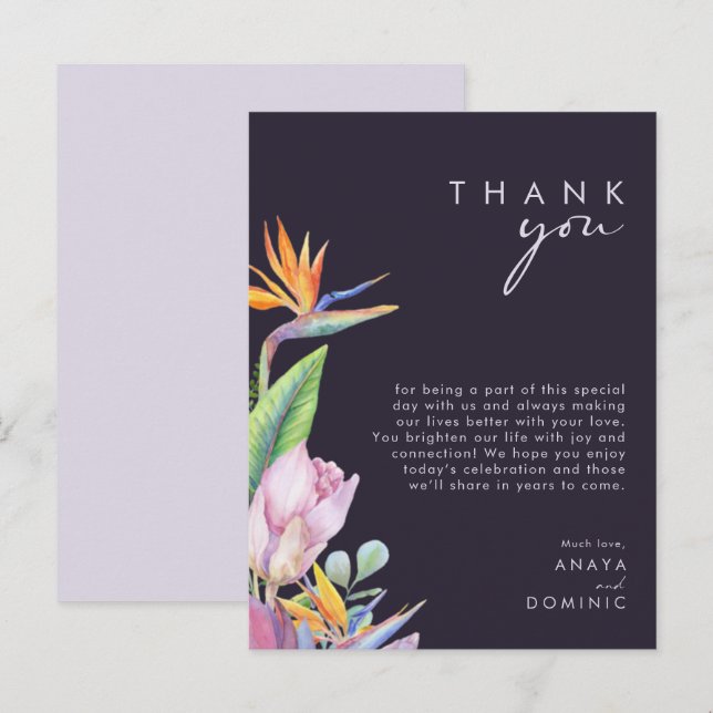 Colorful Tropical Purple Reception Thank You Card (Front/Back)