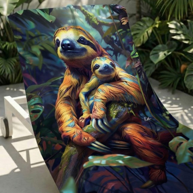 Colorful Tropical Sloth & Baby Beach Towel (Tropical sloth beach towel with bright colors, perfect for relaxing pool and beach days.)