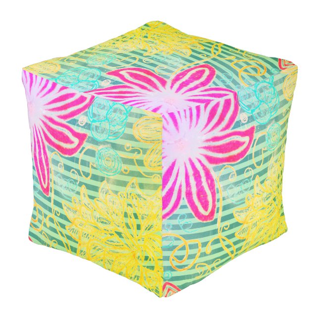 Colorful Tropical Stripes and Florals Pouf (Angled Back)