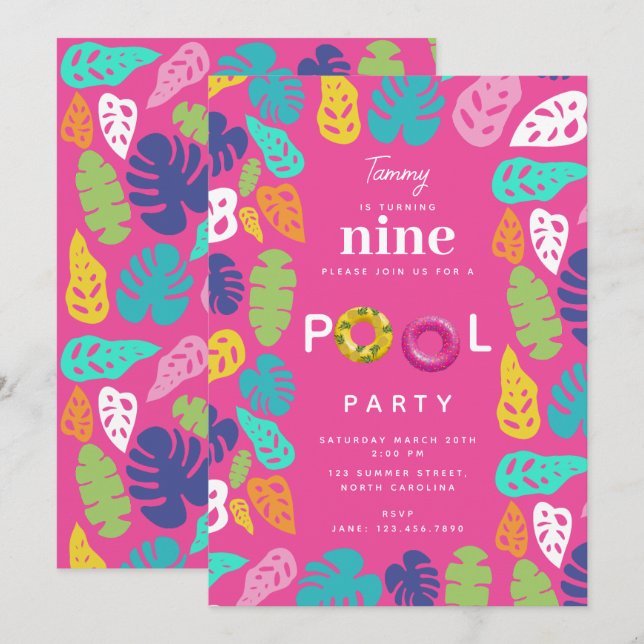 Colorful Tropical Summer Birthday Pool Party Invitation (Front/Back)