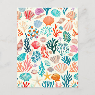Colorful Tropical Summer Coral Seashell Announcement Postcard
