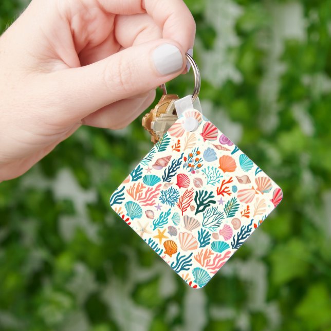 Colorful Tropical Summer Coral Seashell Keychain (Hand)