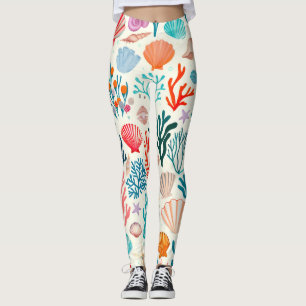 Colorful Tropical Summer Coral Seashell Leggings
