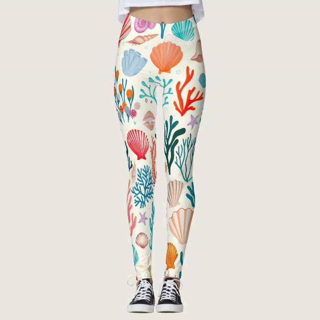 Colorful Tropical Summer Coral Seashell Leggings (Front)