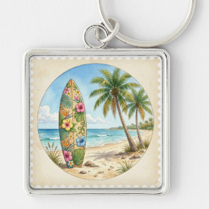 COLORFUL TROPICAL SURFBOARD ON THE BEACH KEYCHAIN