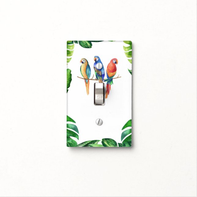 Colorful Tropical Tiki Birds Parrots & Leaves Light Switch Cover (In Situ)