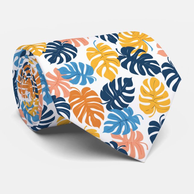 Colorful tropical tiled leaf pattern  neck tie (Rolled)